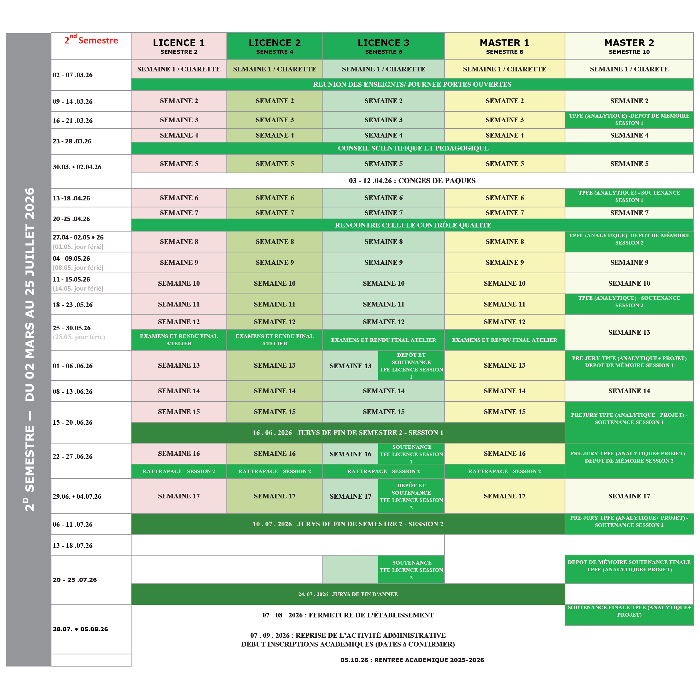 Calendrier Académique 2025-2026 | Semestre 2